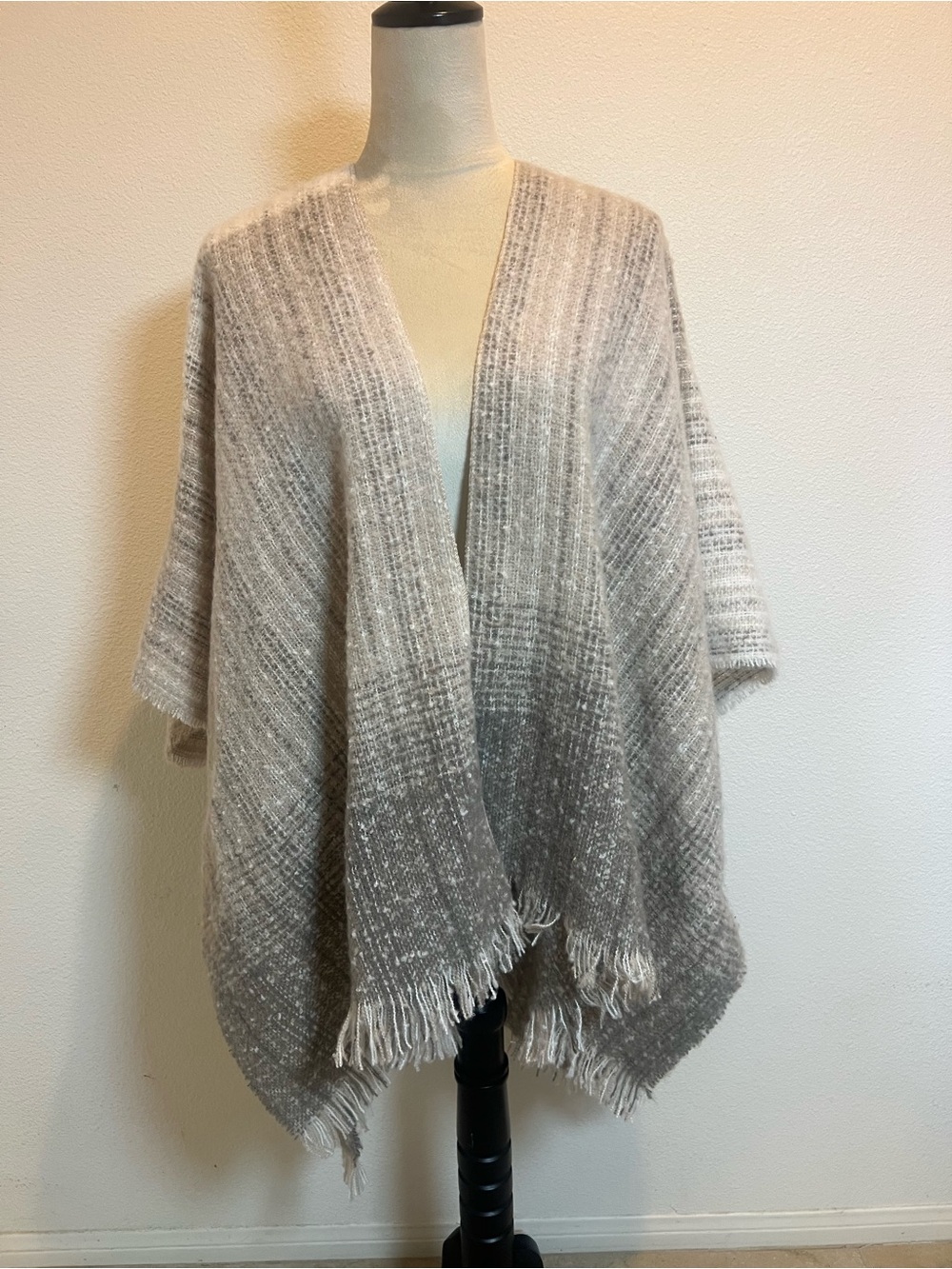 Cejon Cream Knit Poncho Wrap Fringe Super Soft Shawl  Blanket one Size Boho
